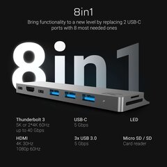 Адаптер Green Cell HUB Connect60 8in1 Thunderbolt 3, USB-C, HDMI, 3x USB 3.0, SD, microSD цена и информация | Адаптеры, USB-разветвители | pigu.lt