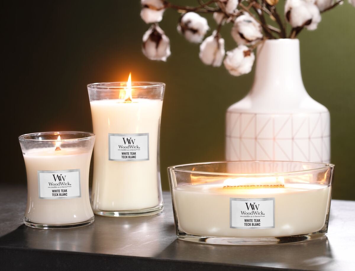 WoodWick kvapioji žvakė White Teak, 275 g kaina ir informacija | Žvakės, Žvakidės | pigu.lt