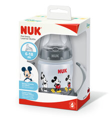 Neišsipilantis buteliukas su silikoniniu snapeliu ir rankenėlėmis NUK First Choice Mickey Mouse First Choice, 6-18 mėn. kūdikiams, pilkas, 150 ml kaina ir informacija | NUK Maitinimo priemonės | pigu.lt