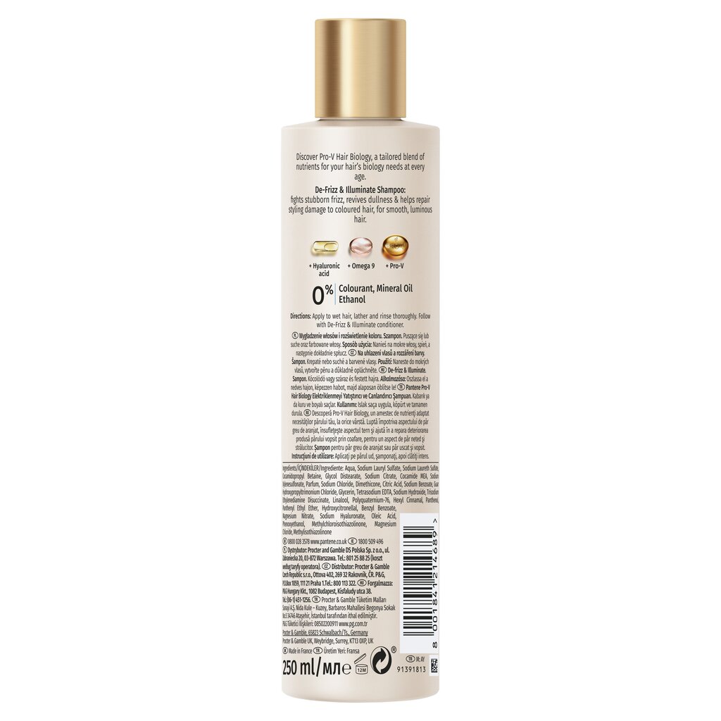 Šampūnas šiauštis linkusiems arba sausiems ir dažytiems plaukams PANTENE BIOLOGY Defrizz & Illuminate 250 ml kaina ir informacija | Šampūnai | pigu.lt