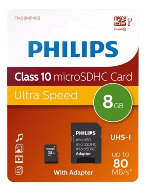 Philips MICROSDHC 8GB CLASS 10/UHS 1 + ADAPTER цена и информация | Atminties kortelės telefonams | pigu.lt