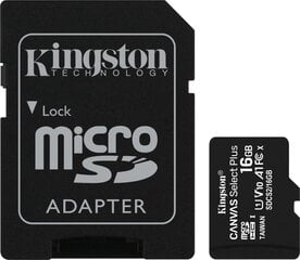 Kingston micro SD 16GB (+ SD adapteris) kaina ir informacija | Atminties kortelės fotoaparatams, kameroms | pigu.lt