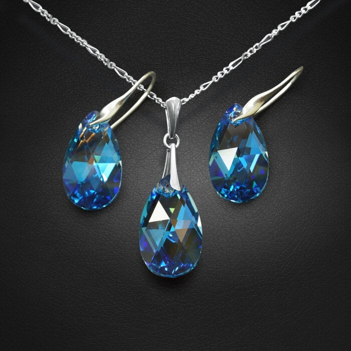 Sidabrinis papuošalų rinkinys moterims DiamondSky „Baroque (Aquamarine Blue AB)“ su Swarovski kristalais