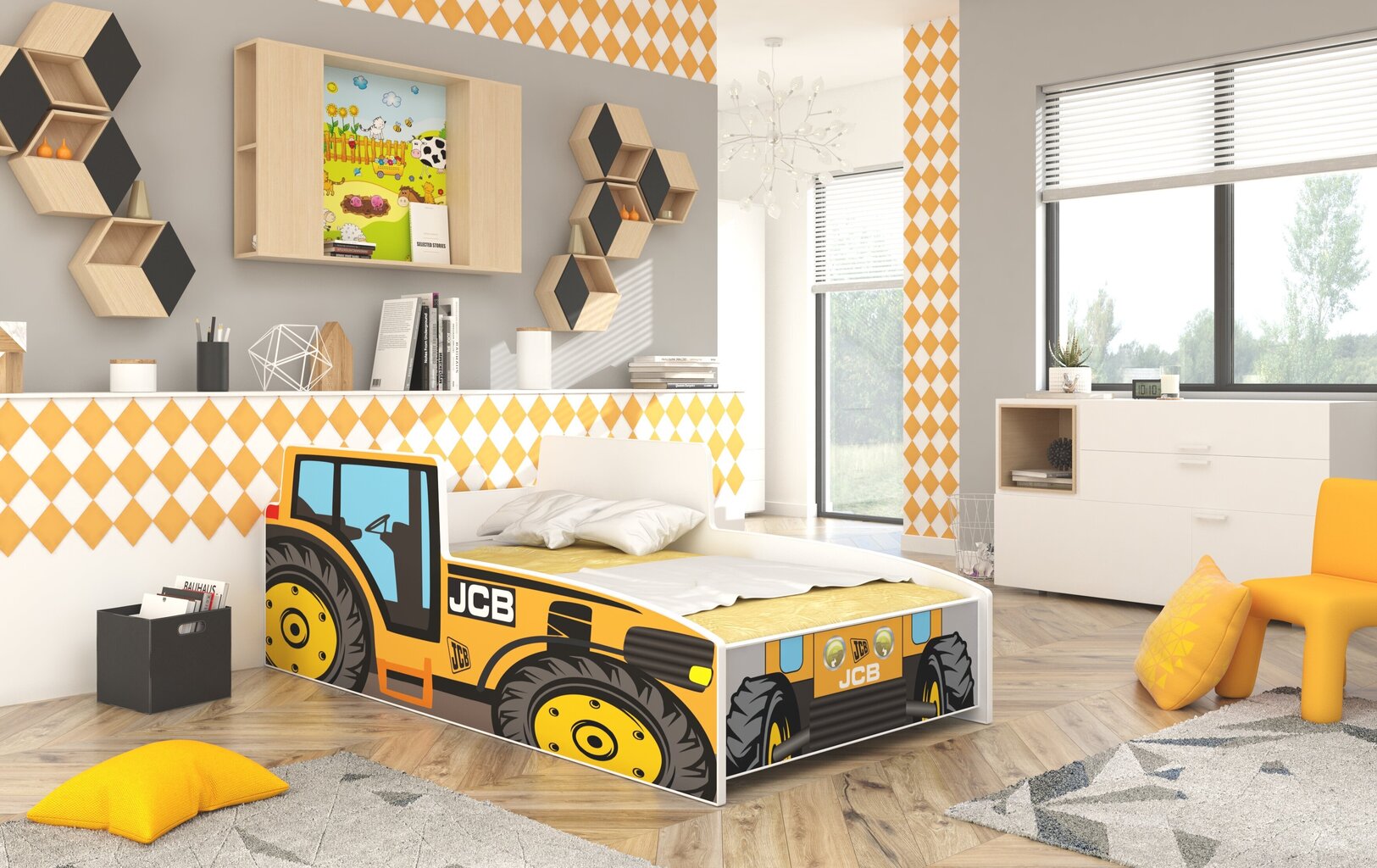 Vaikiška lova ADRK Furniture Tractor, 140x70 cm, geltona kaina ir informacija | Vaikiškos lovos | pigu.lt