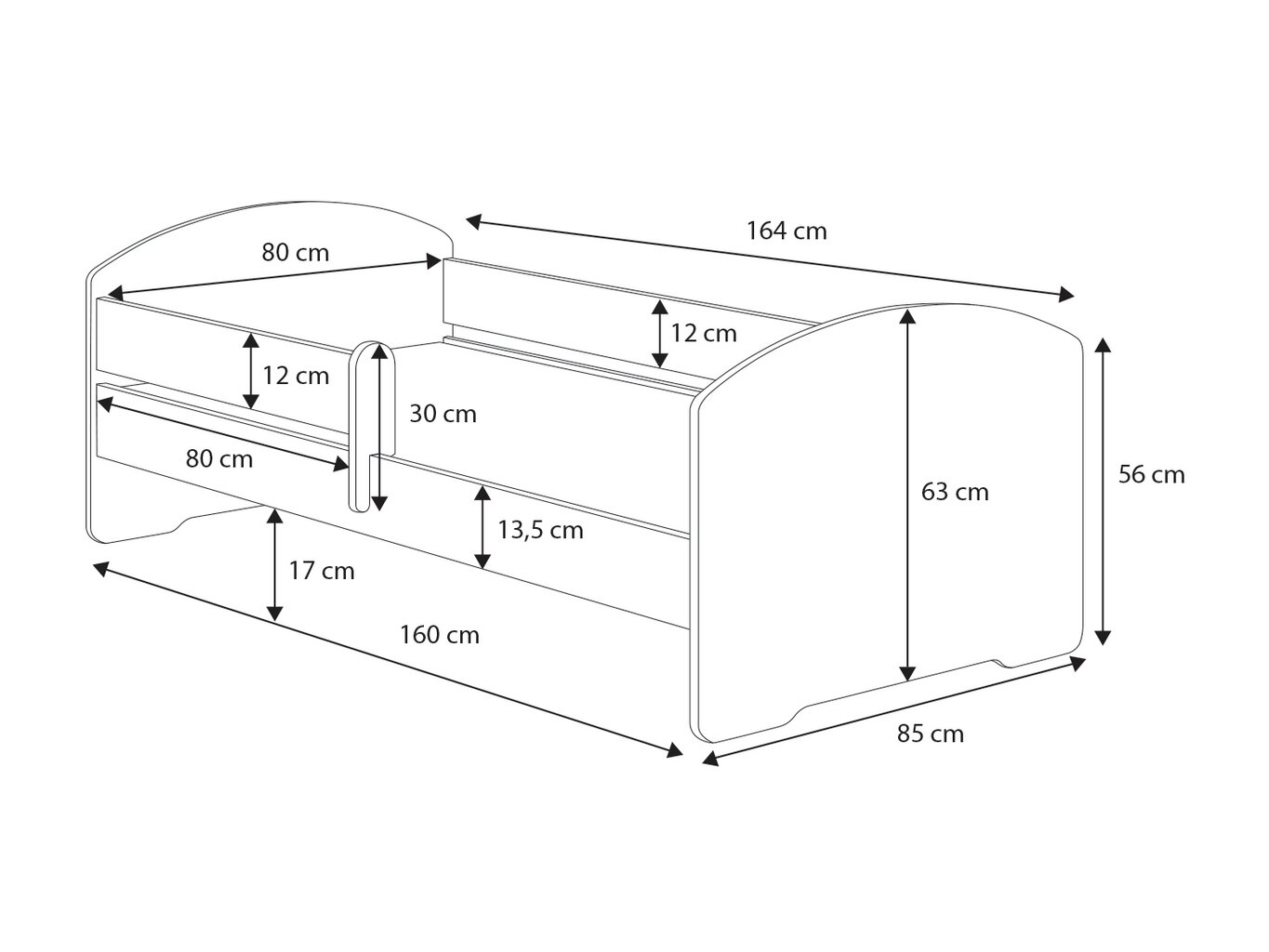 Vaikiška lova su nuimama apsauga ADRK Furniture Pepe 164 160x80cm, balta kaina ir informacija | Vaikiškos lovos | pigu.lt