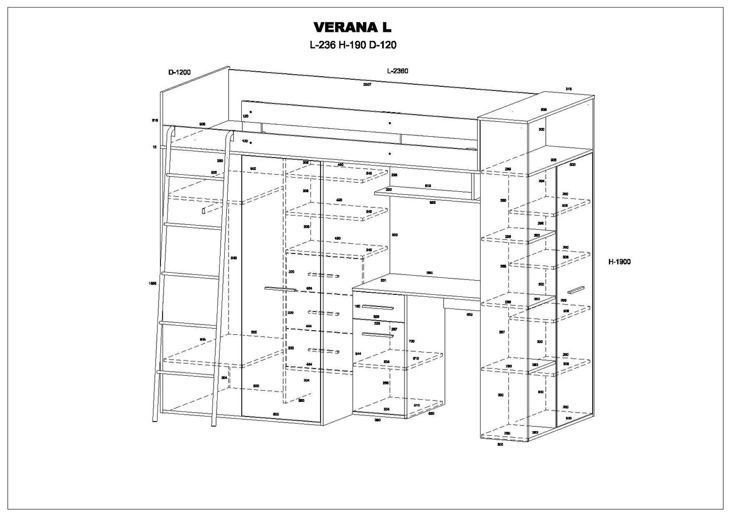 Dviaukštė lova Meblocross Verana L, 200x90 cm, ąžuolo spalvos/violetinė kaina ir informacija | Vaikiškos lovos | pigu.lt