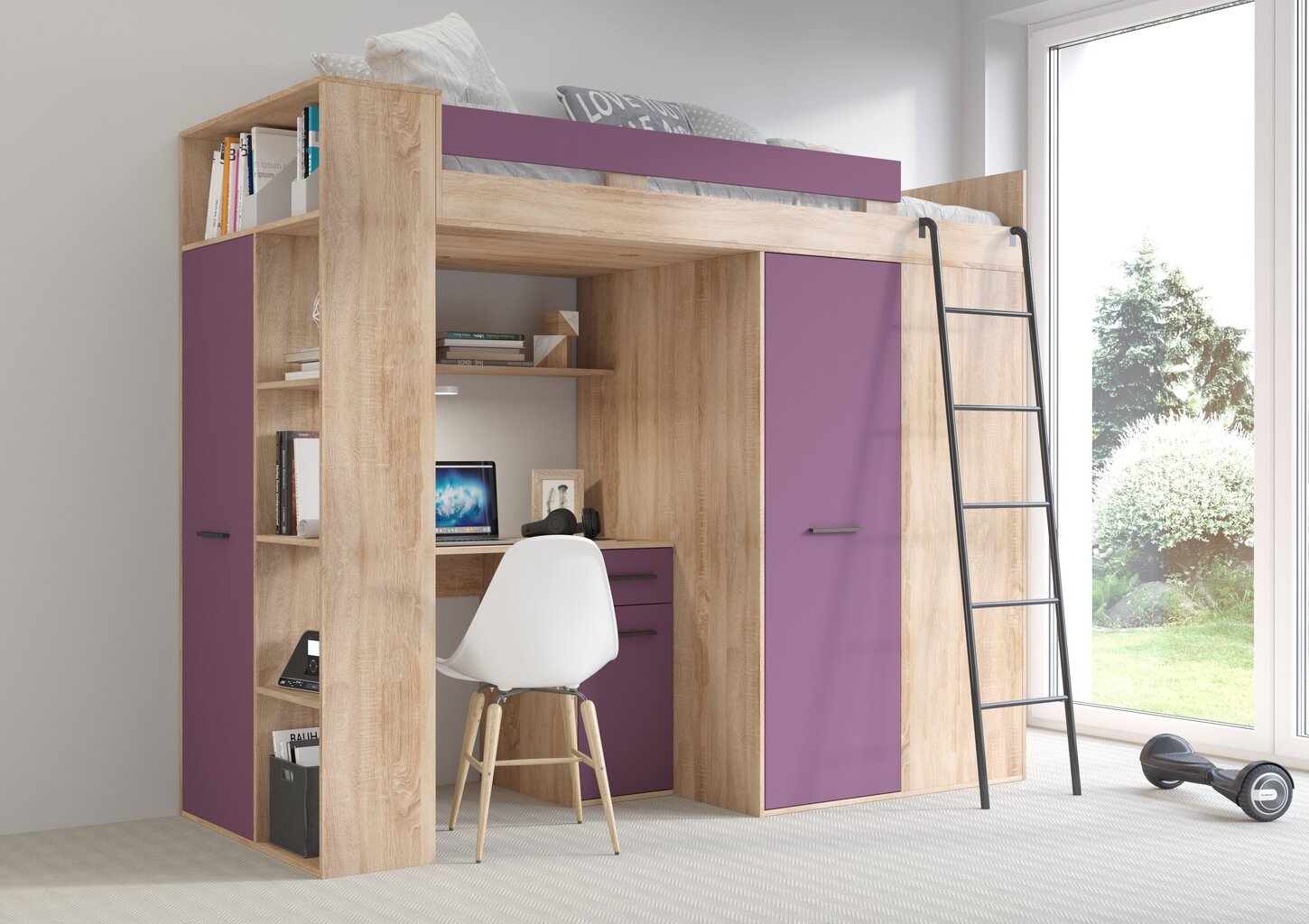 Dviaukštė lova Meblocross Verana P, 200x90 cm, ąžuolo spalvos/violetinė kaina ir informacija | Vaikiškos lovos | pigu.lt