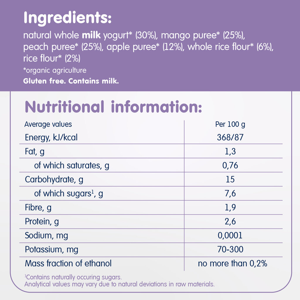 „Mango, persikų, obuolių su jogurtu" ekologiška tyrelė FLEUR ALPINE, nuo 6 mėn.,120 g x 6 vnt kaina ir informacija | Tyrelės | pigu.lt