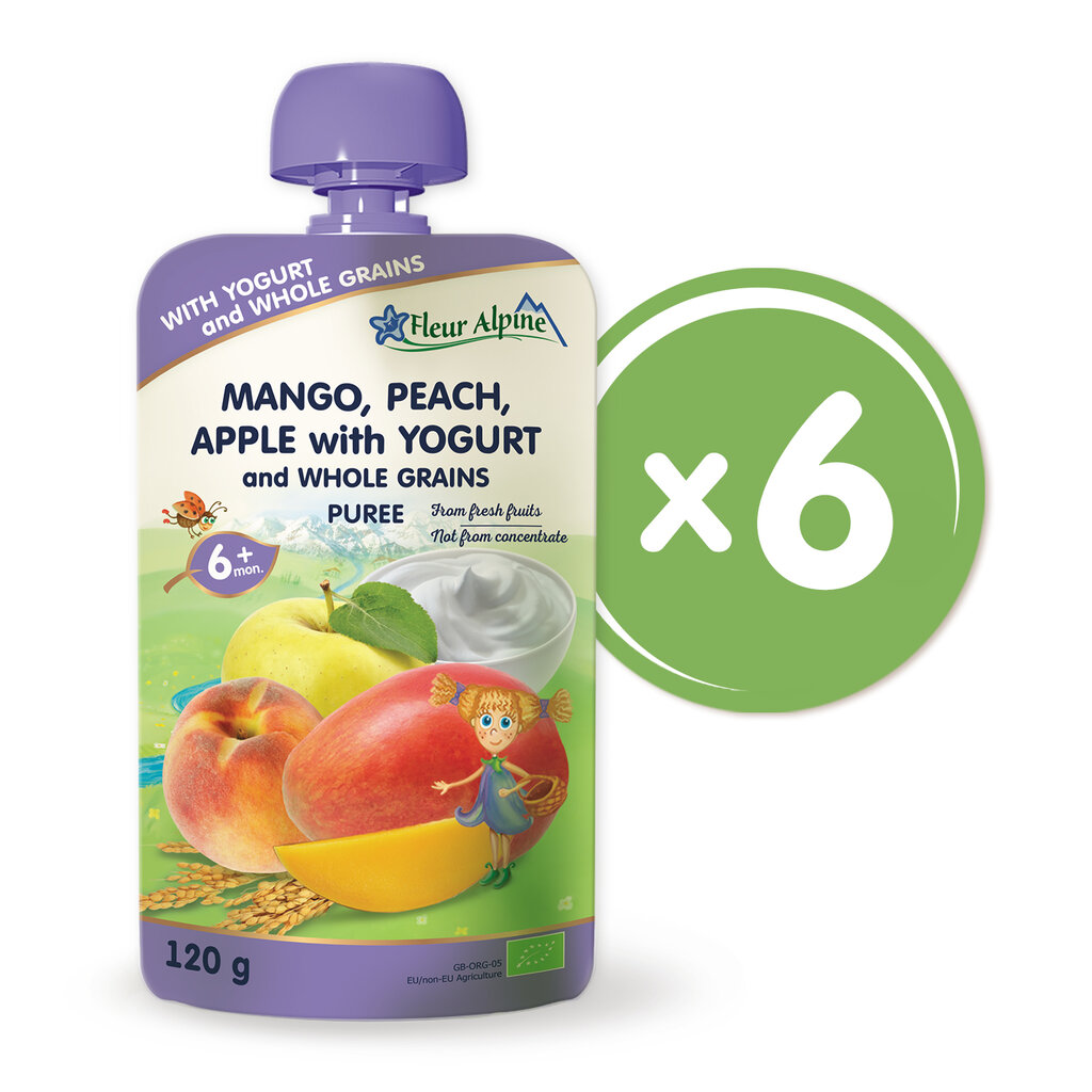 „Mango, persikų, obuolių su jogurtu" ekologiška tyrelė FLEUR ALPINE, nuo 6 mėn.,120 g x 6 vnt kaina ir informacija | Tyrelės | pigu.lt