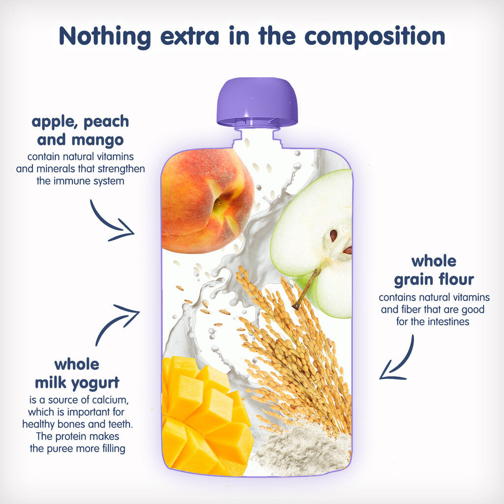 „Mango, persikų, obuolių su jogurtu" ekologiška tyrelė FLEUR ALPINE, nuo 6 mėn.,120 g x 6 vnt kaina ir informacija | Tyrelės | pigu.lt