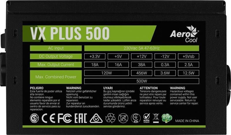 AeroCool VX 500 Plus kaina ir informacija | Maitinimo šaltiniai (PSU) | pigu.lt