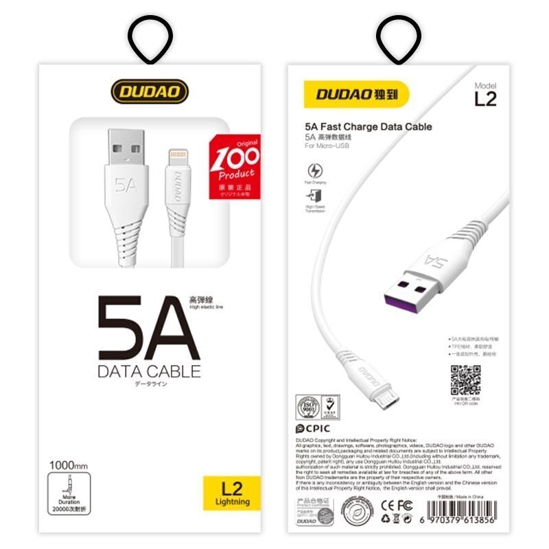 Kabelis Dudao USB / Lightning fasst charging data cable 5A 1m kaina ir informacija | Laidai telefonams | pigu.lt