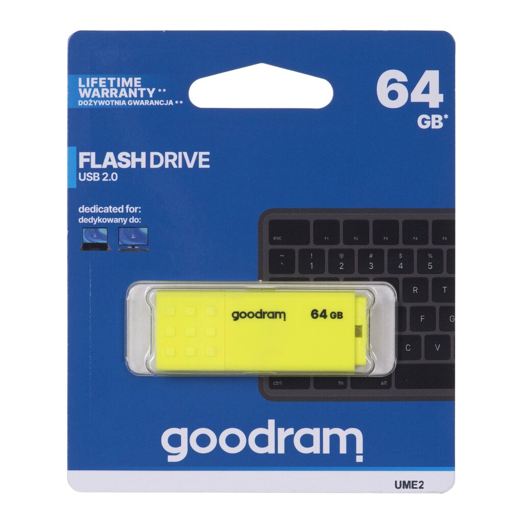 GOODRAM FLASHDRIVE 64GB UME2 USB 2.0 YELLOW kaina ir informacija | USB laikmenos | pigu.lt