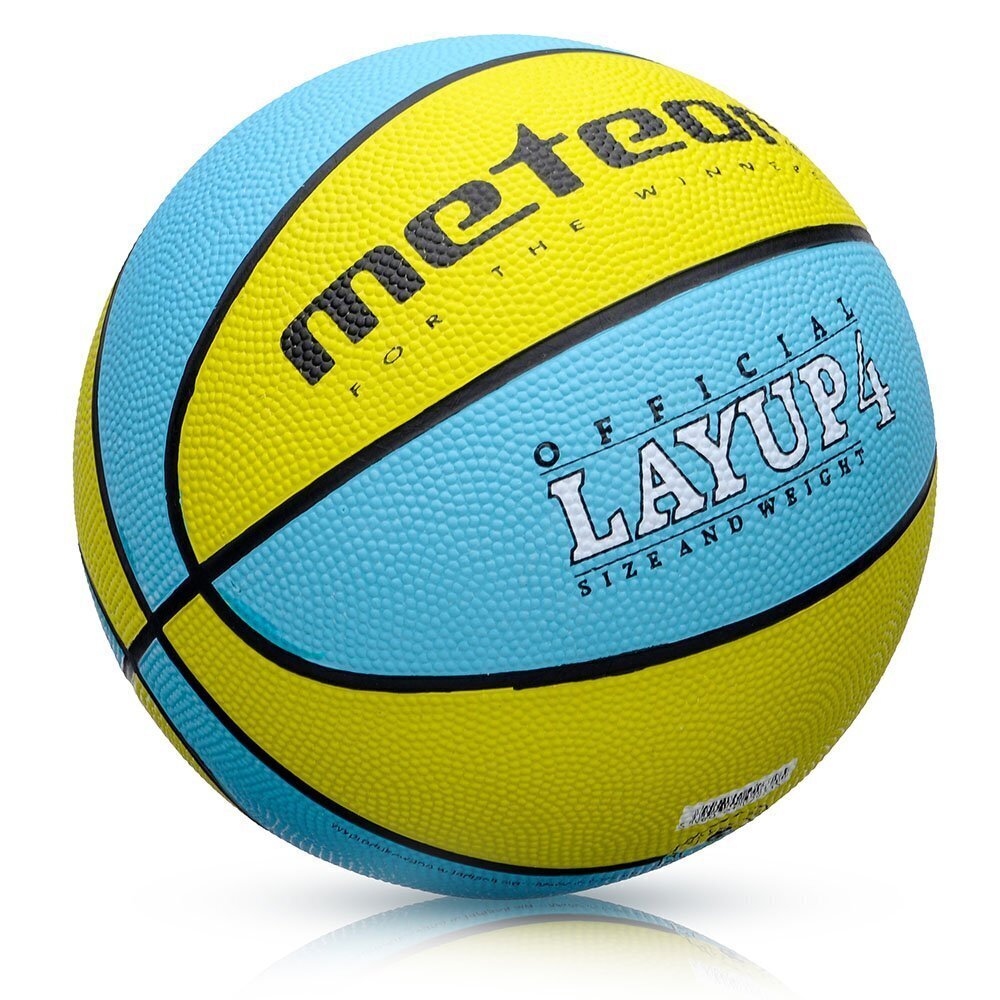 Krepšinio kamuolys METEOR LAYUP, 4 dydis, mėlynas/geltonas kaina ir informacija | Krepšinio kamuoliai | pigu.lt