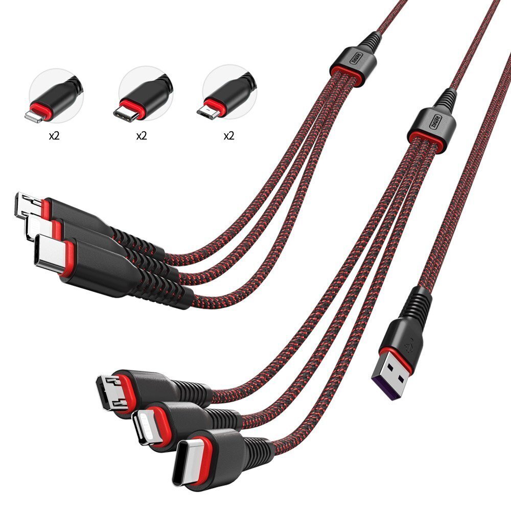 6 in1 įkrovimo laidas "Remax RC-153" USB / Type C + 2 x Lightning, 2 x micro USB dvigubas laidas telefonui, 1m + 2m, 5A, juodas цена и информация | Laidai telefonams | pigu.lt