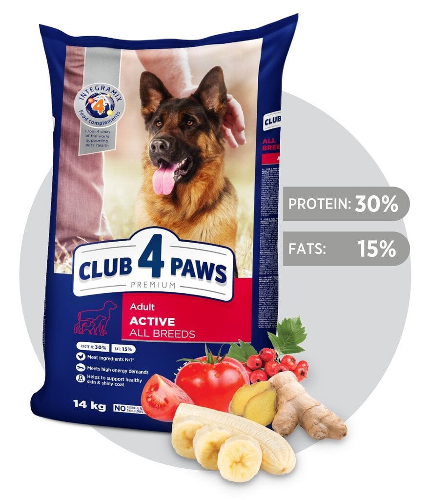 CLUB 4 PAWS Premium pilnavertis sausas maistas suaugusiems aktyviems visų veislių šunims „ACTIVE“, 14kg kaina ir informacija | Sausas maistas šunims | pigu.lt