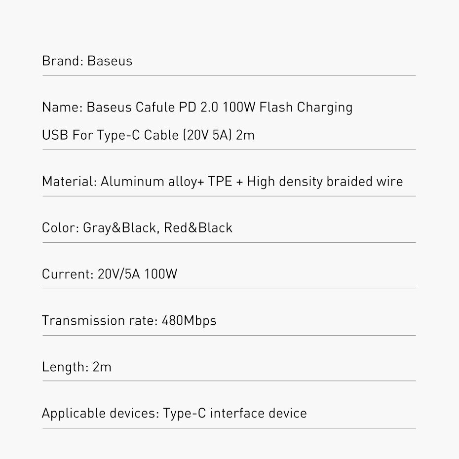 Telefono laidas Baseus USB Typ C PD 2.0 100W 20V 5A(CATKLF-ALG1) kaina ir informacija | Laidai telefonams | pigu.lt