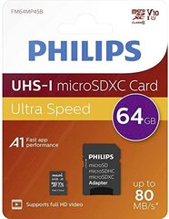 Карта памяти Philips MICROSDXC 64GB CLASS 10/UHS 1 + ADAPTER цена и информация | Philips Мобильные телефоны и аксессуары | pigu.lt