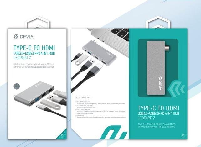 Devia Leopard2 TypeC - HDMI USB3.0+USB2.0+PD 4in1 HUB kaina ir informacija | Adapteriai, USB šakotuvai | pigu.lt