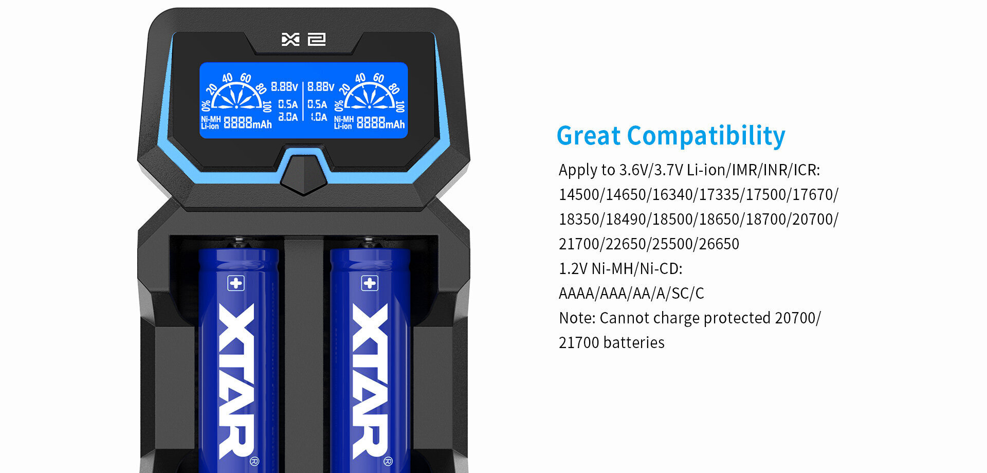 Akumuliatorių įkroviklis XTAR X2, Li-ion / Ni - MH greito krovimo su LCD ekranu, 2A цена и информация | Elementų krovikliai | pigu.lt