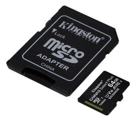 Kingston microSDHC 64GB (+ SD adapteris) kaina ir informacija | Atminties kortelės telefonams | pigu.lt