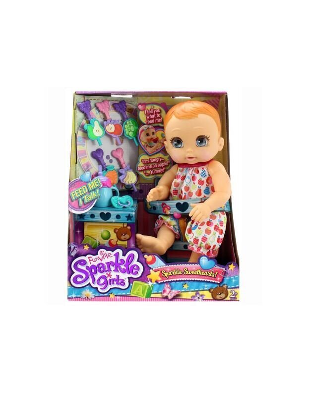 Kalbantis kūdikis-lėlė Sparkle Girlz Sweethearts su maitinimo rinkiniu, latvių kalba kaina ir informacija | Žaislai kūdikiams | pigu.lt