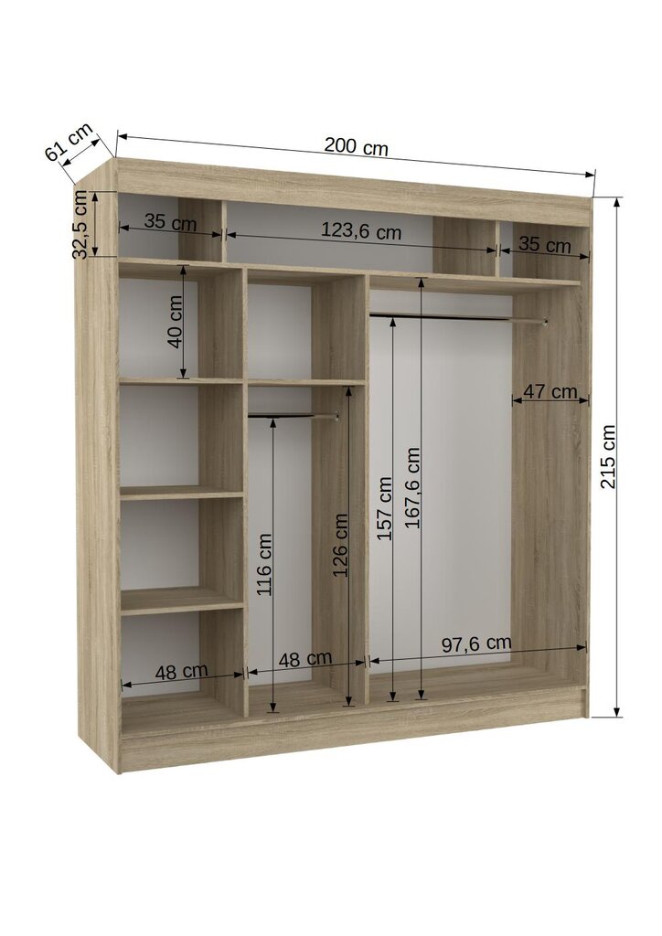 Spinta Adrk Furniture Karen 200 cm, ąžuolo/juodos spalvos kaina ir informacija | Spintos | pigu.lt