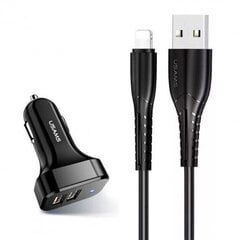 Автомобильное зарядное устройство (2xUSB) с кабелем Lightning, USAMS, 2.1A, черное цена и информация | Зарядные устройства для телефонов | pigu.lt