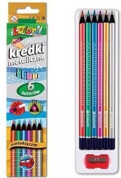 Spalvoti pieštukai 6 spalvų, metaliniai, trikampiai, su galąstuvu, Kolori, Penmate цена и информация | Kanceliarinės prekės | pigu.lt