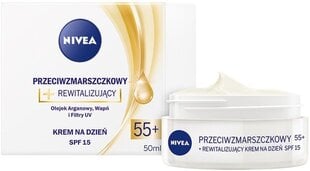 Dieninis viedo kremas nuo raukšlių Nivea Anti-wrinkle + Revitalizing Day Cream SPF15 55+, 50 ml kaina ir informacija | Veido kremai | pigu.lt