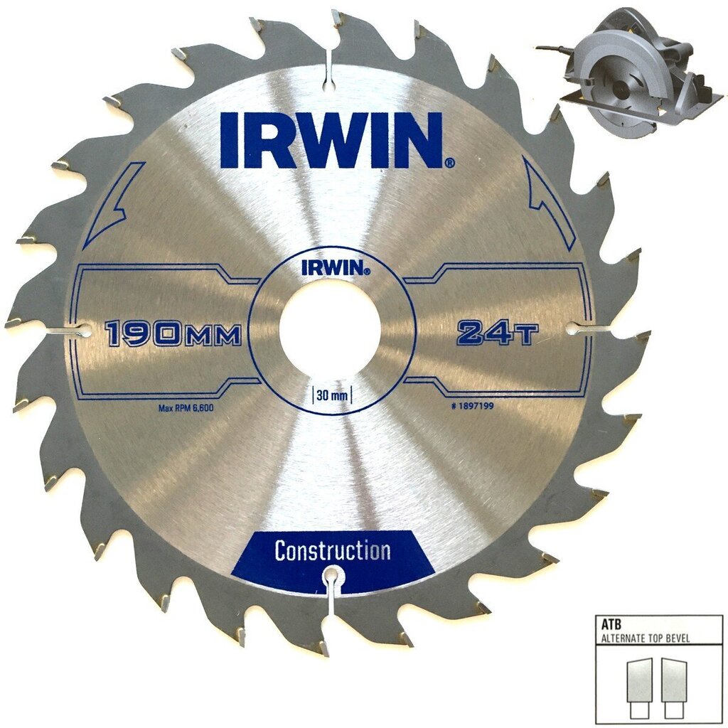 Pjovimo diskas Irwin 190x30(20,16)x24T 2,5 mm ATB цена и информация | Mechaniniai įrankiai | pigu.lt