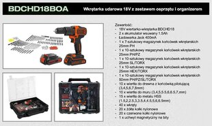 BLACK+DECKER IMPACT DRIVER 18V 2x1.5Ah LI-ION + АКСЕССУАРЫ + ОРГАНАЙЗЕР цена и информация | Шуруповерты, дрели | pigu.lt