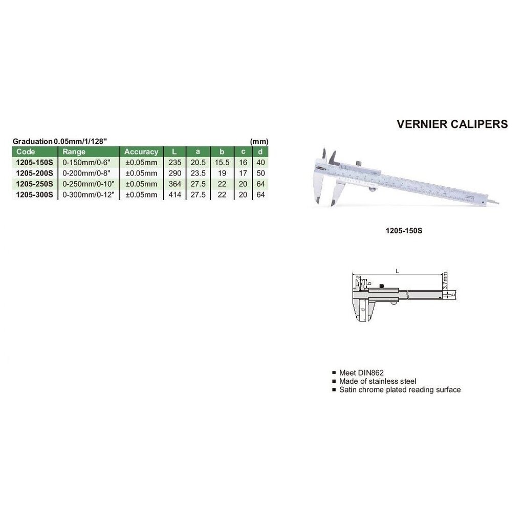 Slankmatis Insize 0-150mm/0-6", 0,05 mm/1/128" kaina ir informacija | Mechaniniai įrankiai | pigu.lt