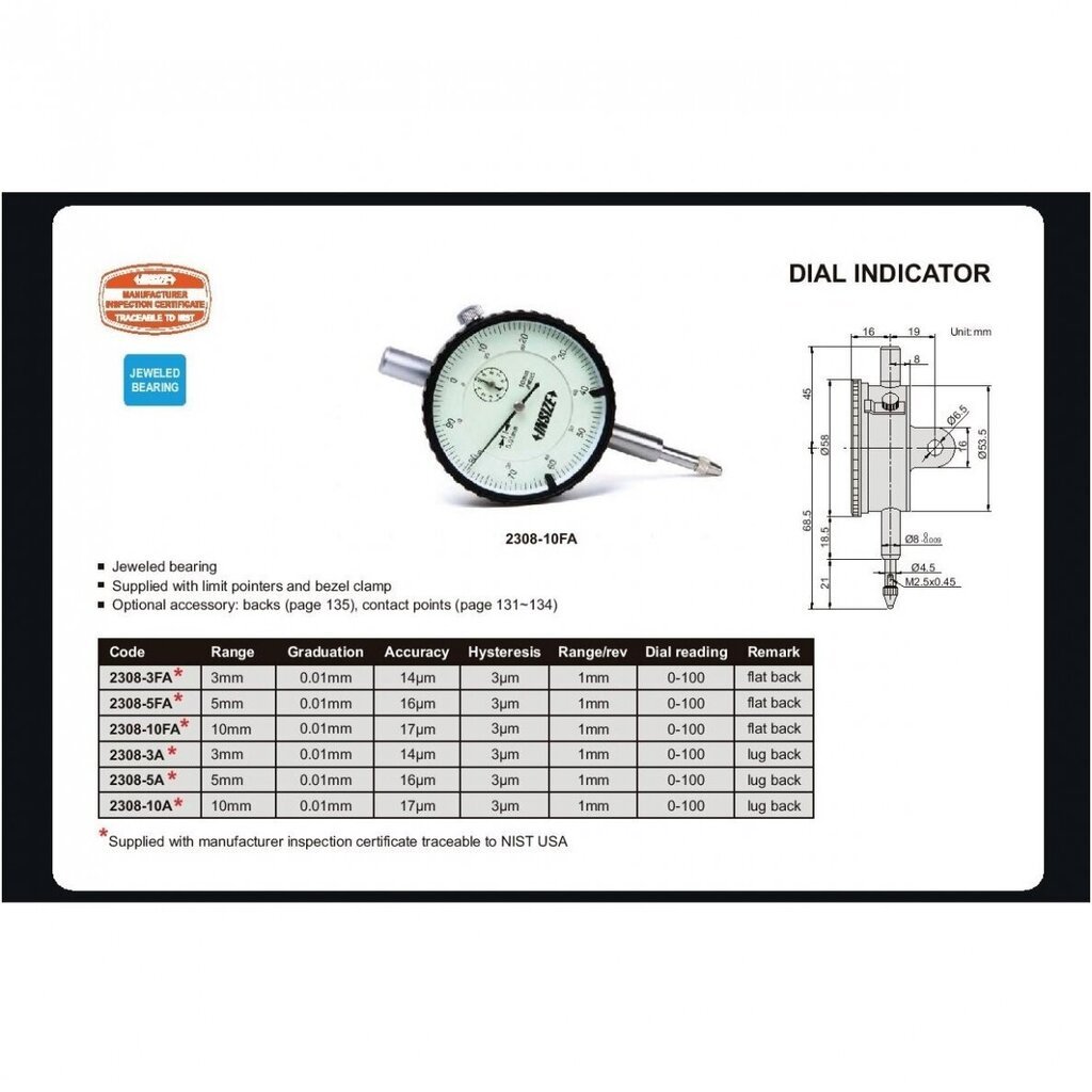 Indikatorius Insize 0-100 mm, 0,01 mm kaina ir informacija | Mechaniniai įrankiai | pigu.lt