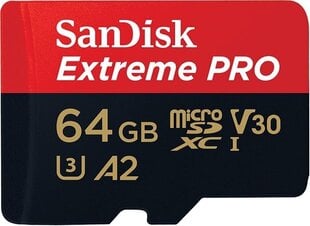 Карта памяти SanDisk Extreme Pro microSDXC 64 Гб, 170/90 МБ / с A2 C10 V30 цена и информация | Карты памяти для телефонов | pigu.lt