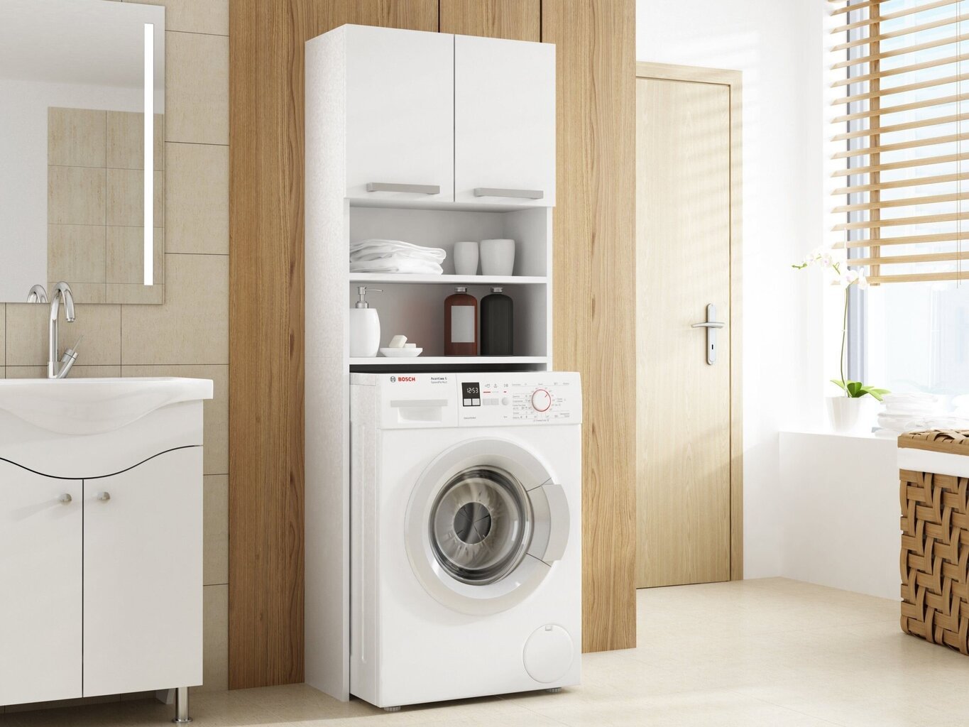 Spintelė virš skalbimo mašinos Pola, balta kaina ir informacija | Vonios spintelės | pigu.lt
