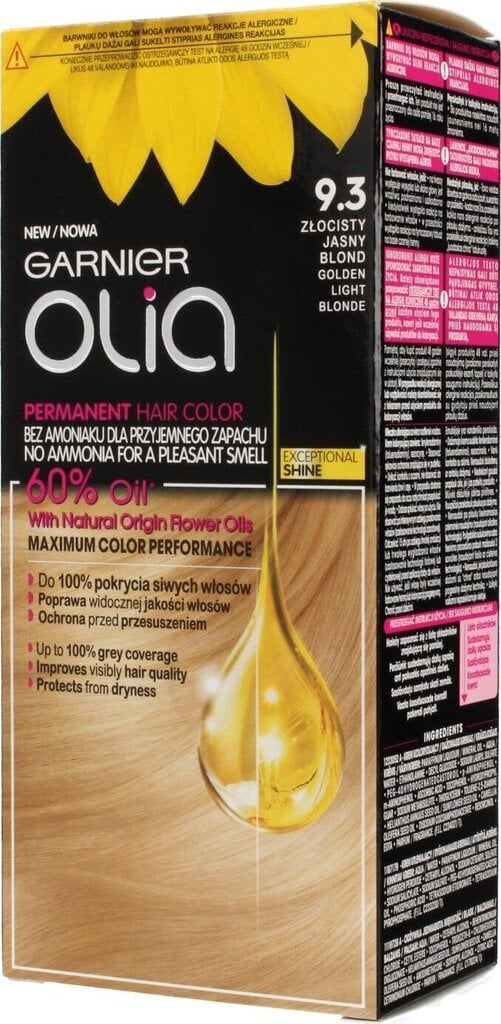 Aliejaus pagrindo ilgalaikiai plaukų dažai be amoniako Garnier Olia 9.3 Golden Light Blonde kaina ir informacija | Plaukų dažai | pigu.lt