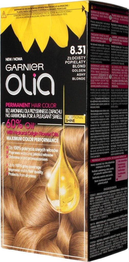 Aliejaus pagrindo ilgalaikiai plaukų dažai be amoniako Garnier Olia 8.31 Golden Ashy Blond kaina ir informacija | Plaukų dažai | pigu.lt