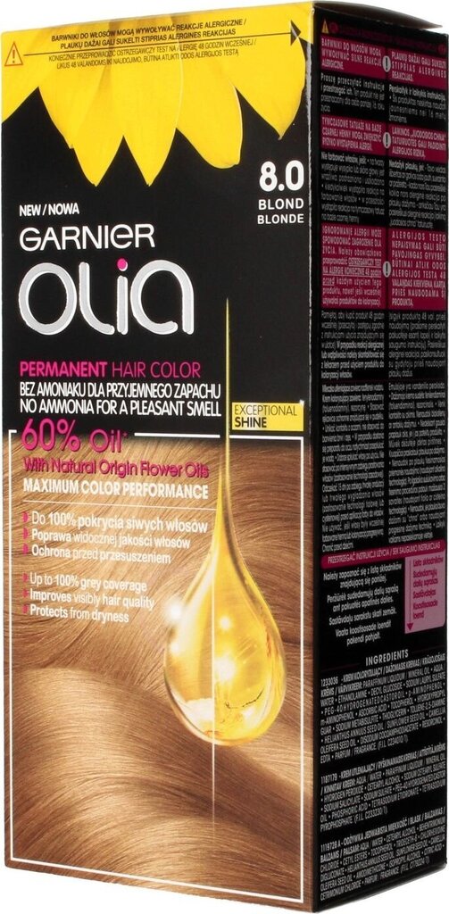 Aliejaus pagrindo ilgalaikiai plaukų dažai be amoniako Garnier Olia 8.0 Blonde цена и информация | Plaukų dažai | pigu.lt