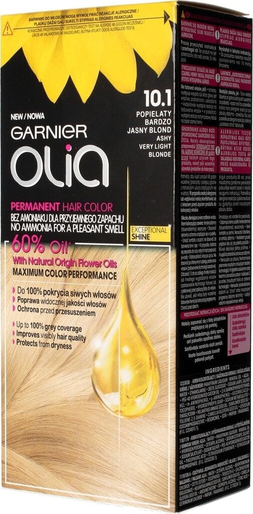 Aliejaus pagrindo ilgalaikiai plaukų dažai be amoniako Garnier Olia, 10.1 Very Light Blonde kaina ir informacija | Plaukų dažai | pigu.lt