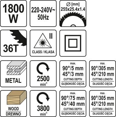 Metalo ir medžio pjovimo staklės 1800 W 255 mm, 2 bėgiai, padavimo funkcija Yato (YT-82174) kaina ir informacija | Pjūklai, pjovimo staklės | pigu.lt