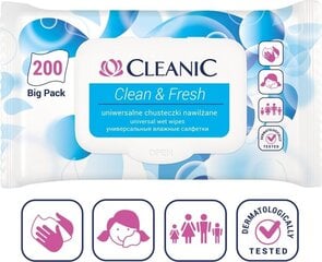 Drėgnos servetėlės Cleanic Clean&Fresh, 200 vnt kaina ir informacija | Veido prausikliai, valikliai | pigu.lt