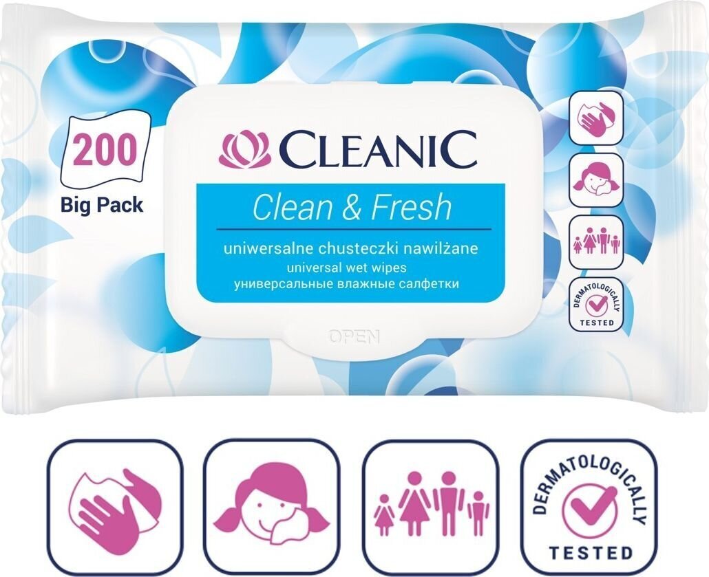 Drėgnos servetėlės Cleanic Clean&Fresh, 200 vnt kaina ir informacija | Veido prausikliai, valikliai | pigu.lt