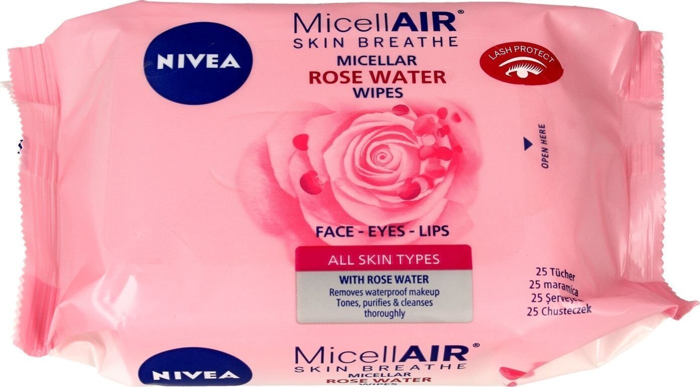 Micelinės drėgnos servetėlės makiažui valyti Nivea Micell Air Skin Breathe Rose Water 25 vnt цена и информация | Veido prausikliai, valikliai | pigu.lt