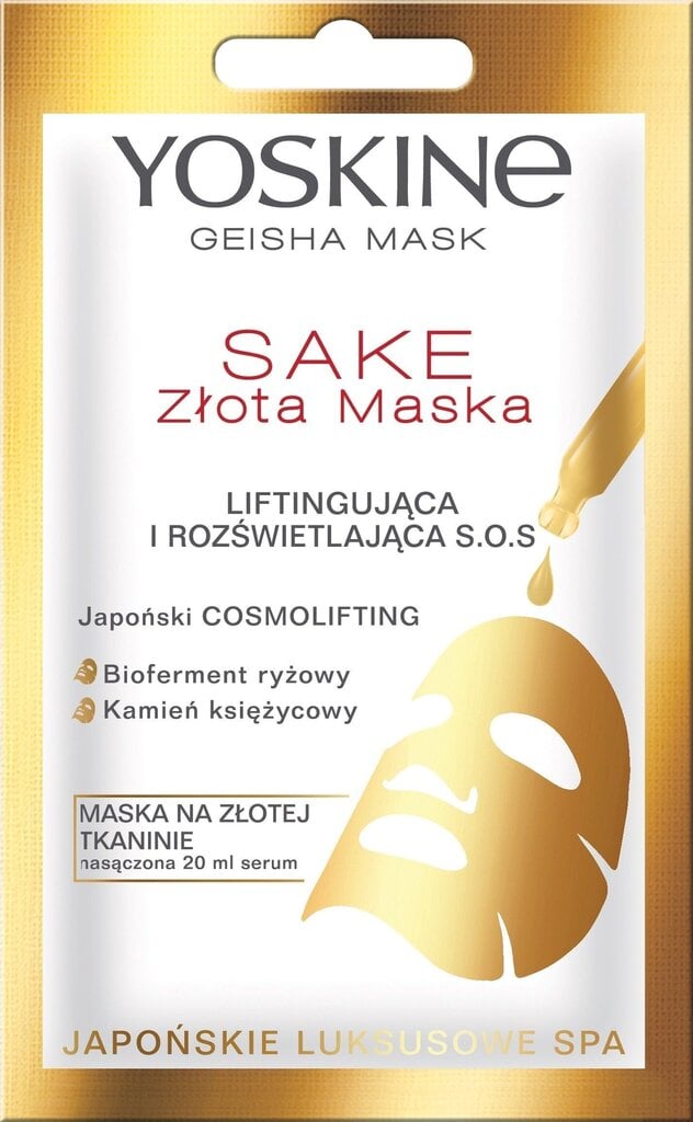 Pakelianti ir šviesinanti lakštinė veido kaukė su auksu Yoskine Geisha Sake S.O.S 20 ml kaina ir informacija | Veido kaukės, paakių kaukės | pigu.lt