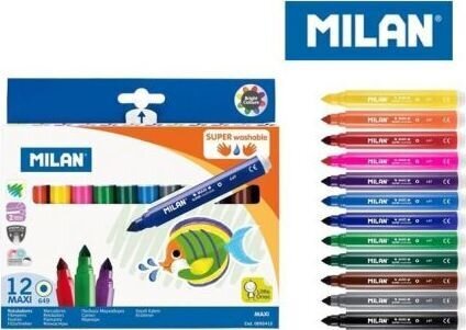 Itin lengvai nusiplaunantys flomasteriai mažiesiems Milan Super Washable, 12 spalvų kaina ir informacija | Kanceliarinės prekės | pigu.lt