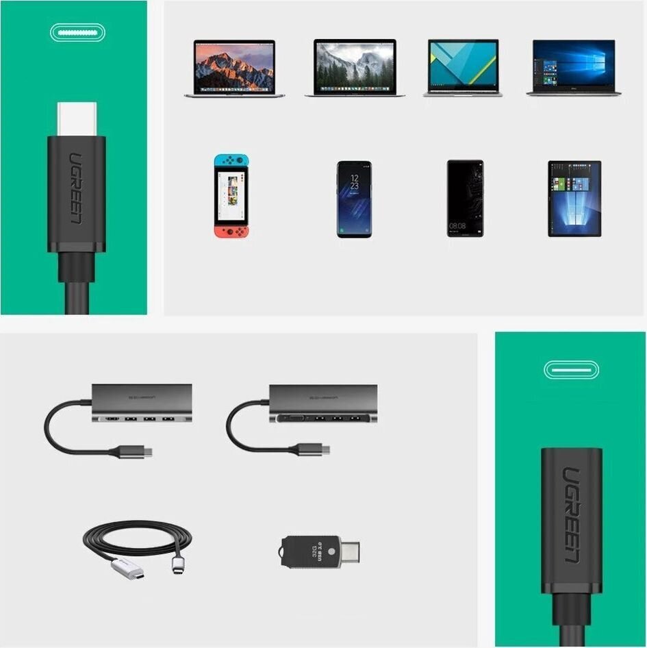 Удлинительный кабель USB Ugreen Type C 3.1 (female) - USB Type C 3.1 (male)  0,5 м, черный (40574) цена | pigu.lt