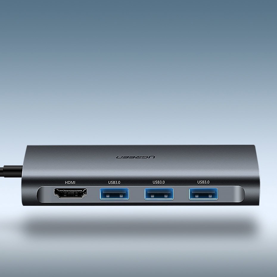 Ugreen CM179 šakotuvas USB-C į HDMI 4K, 3x USB 3.0, Type-C, RJ45, SD, Micro SD, pilkas kaina ir informacija | Laidai telefonams | pigu.lt