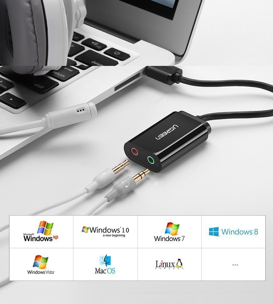 USB audio adapteris Ugreen 3,5 mm mini jack 15cm, juodas 30724 kaina |  pigu.lt