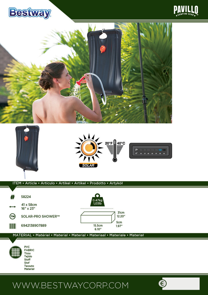 Turistinis dušas Pavillo Solar-Pro, 20 l цена и информация | Kitas turistinis inventorius | pigu.lt
